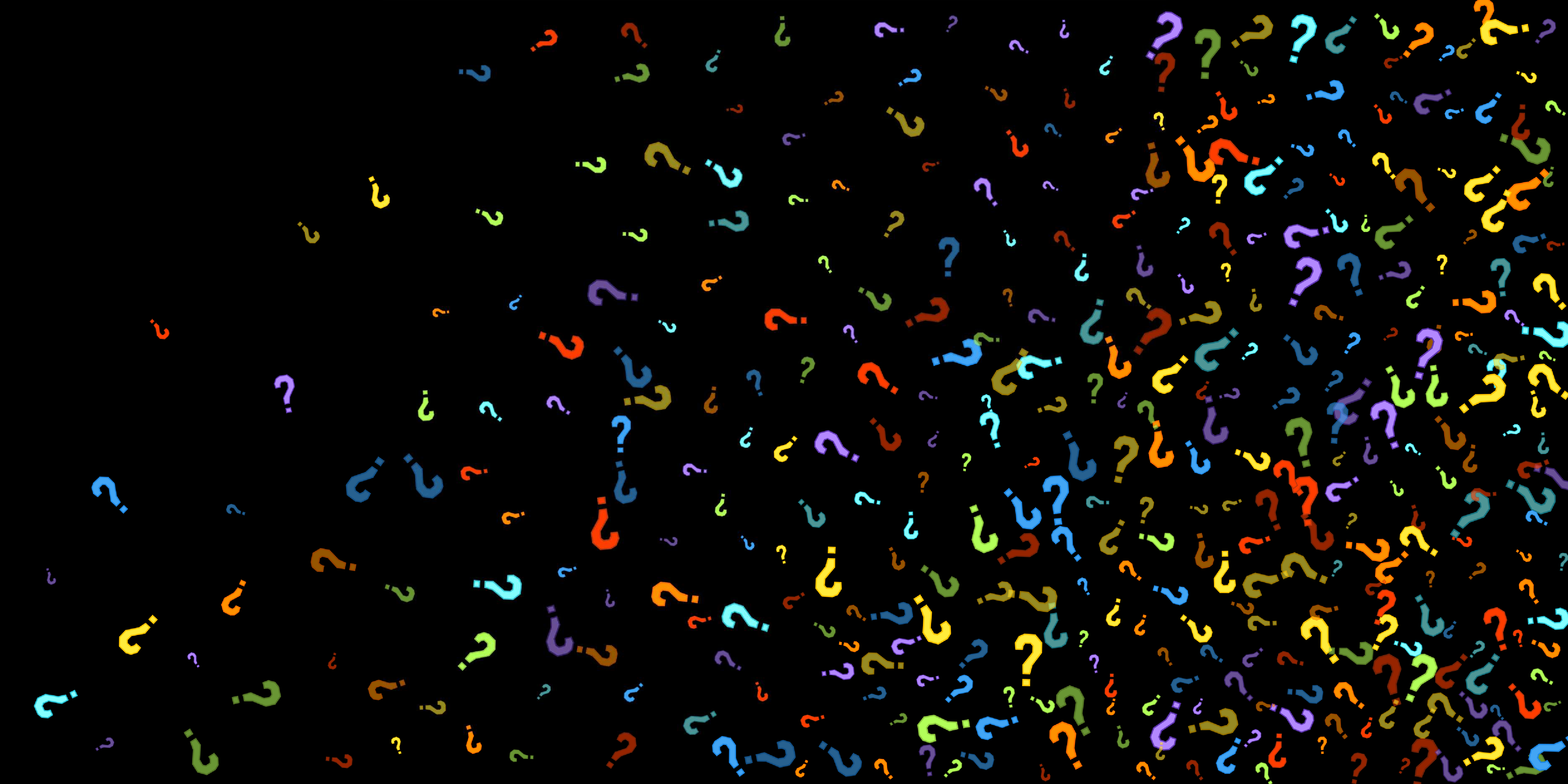 Colorful question marks scattered across a black background