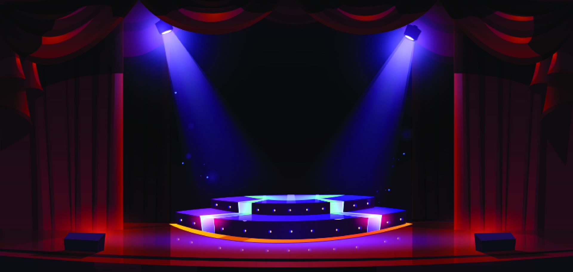 Image of theater stage with spotlights and red curtains