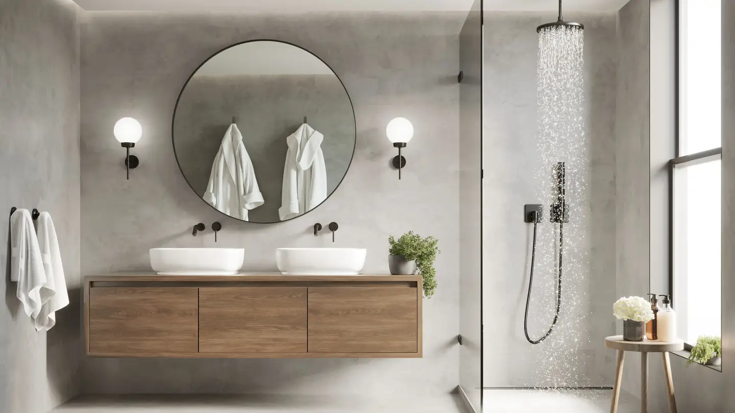 Gray bathroom with a waterfall shower and a brown floating vanity with white sinks and a mirror reflecting two hanging robes.
