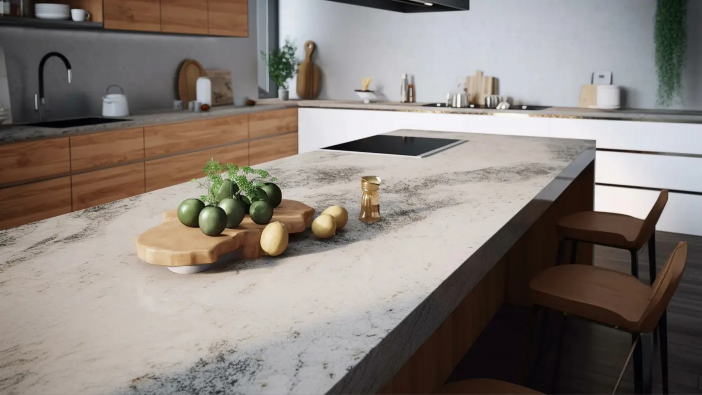 A detailed quartz countertop on a kitchen island with a cutting board and fruit on top