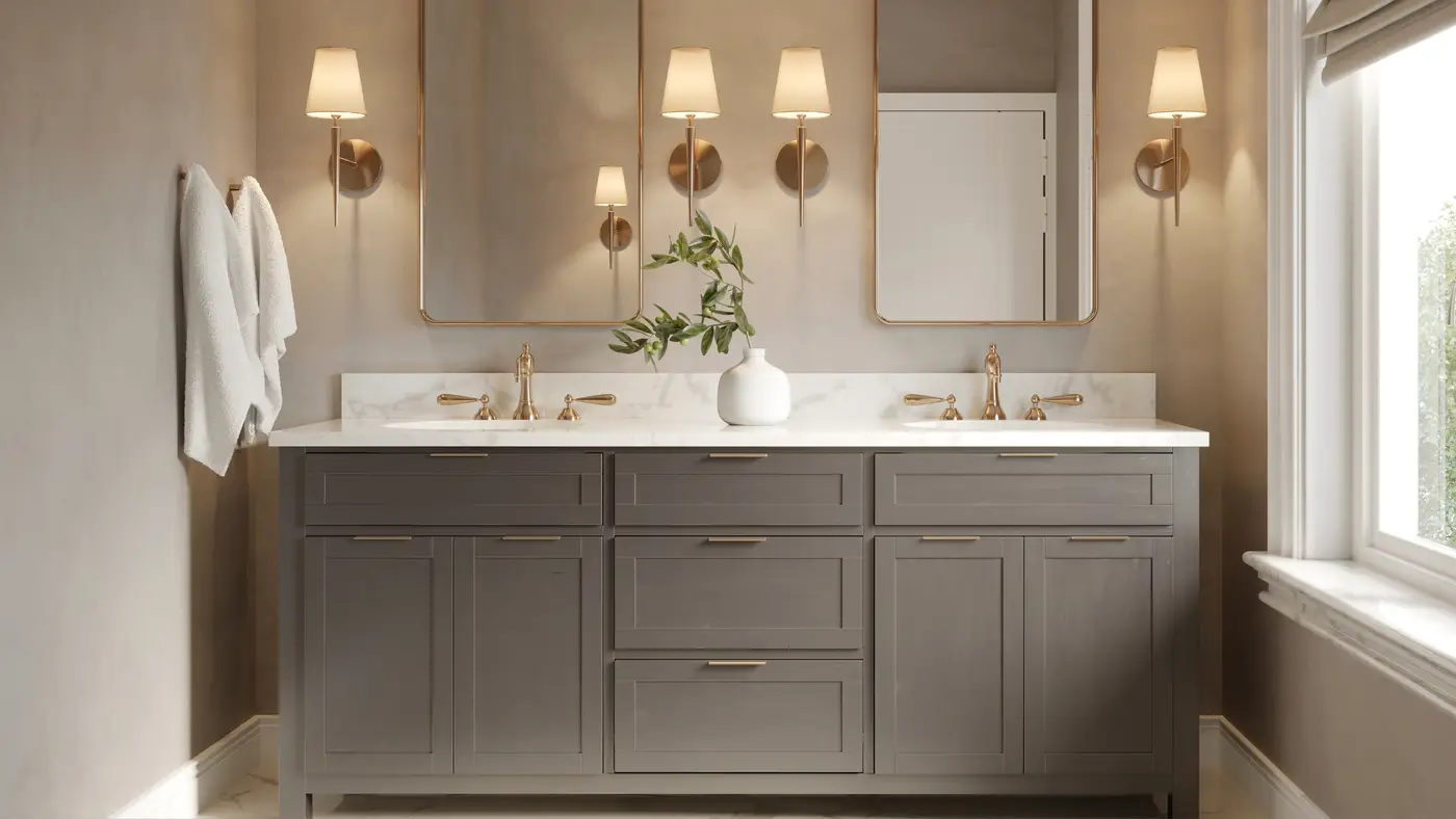 A brown double vanity that has white countertops and gold-trimmed mirrors and lights