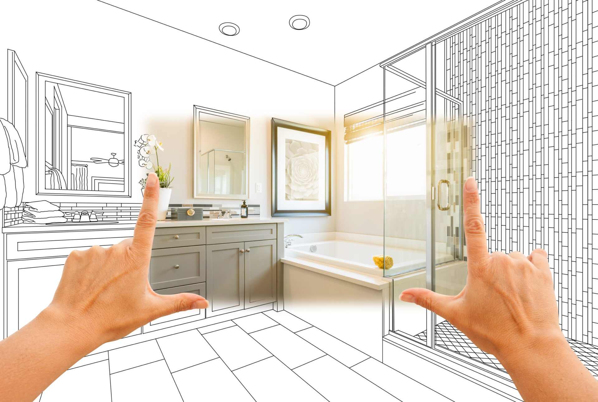 A half photo/half drawing of a custom bathroom being designed and remodeled by 4Ever Remodeling in the Chicago metro.