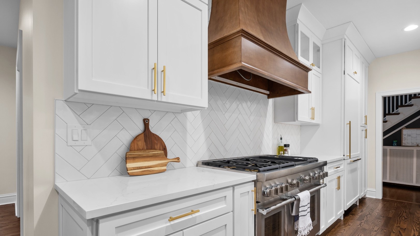 Large, modern kitchen remodel with white walls in Arlington Heights, IL.