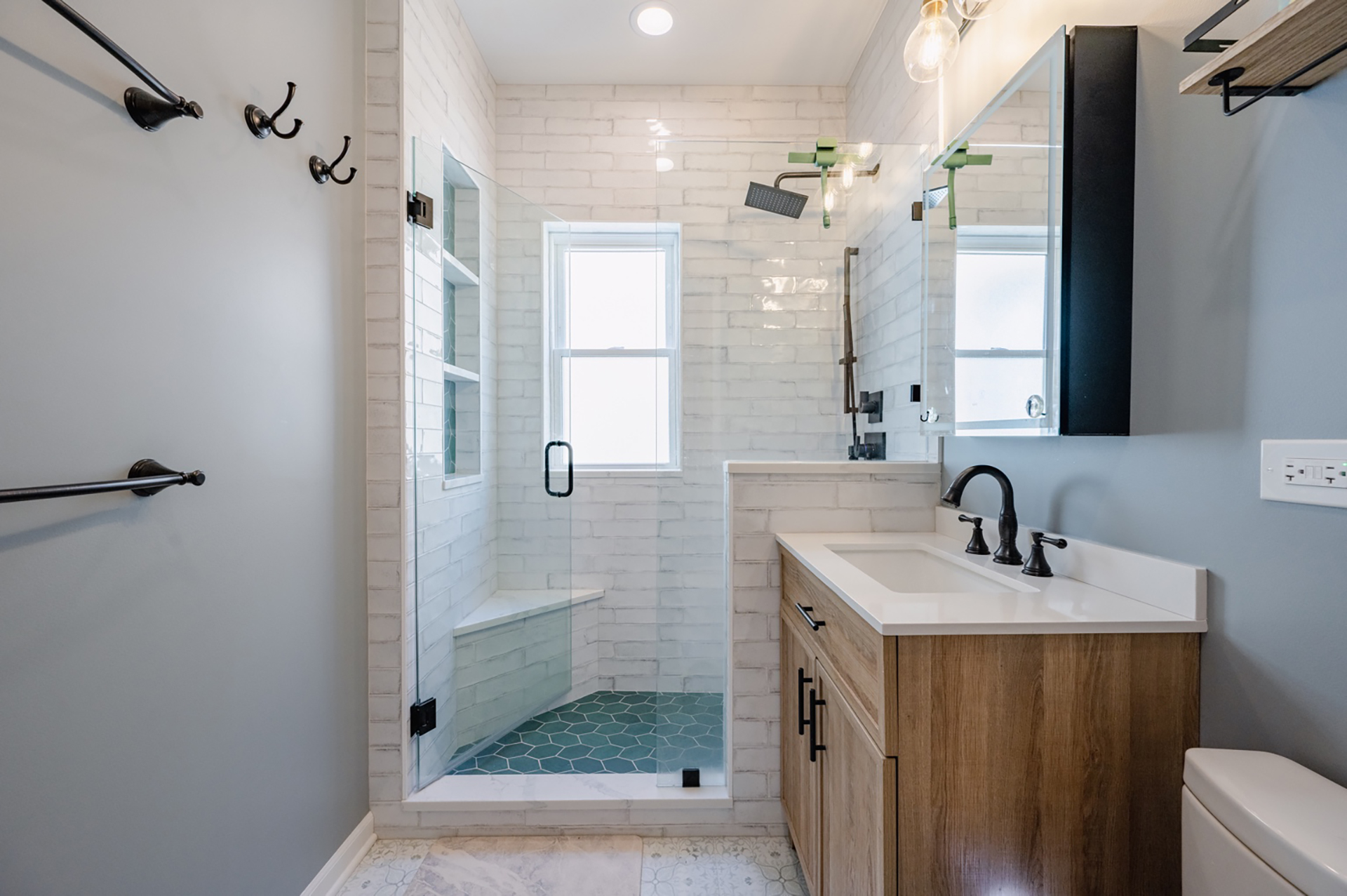 Bathroom with Ceramic Tile, Vanity and Custom Glass