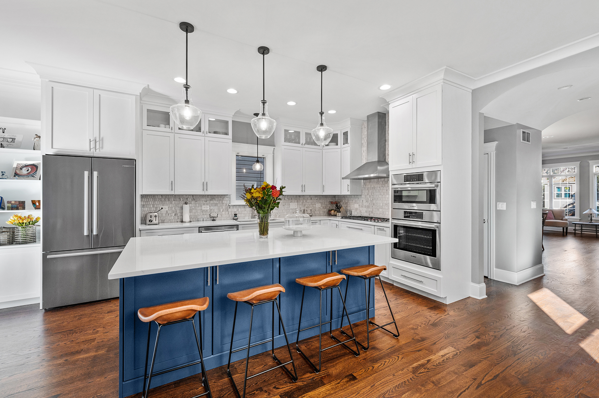 Blue Island, White Cabinets and Light Countertop