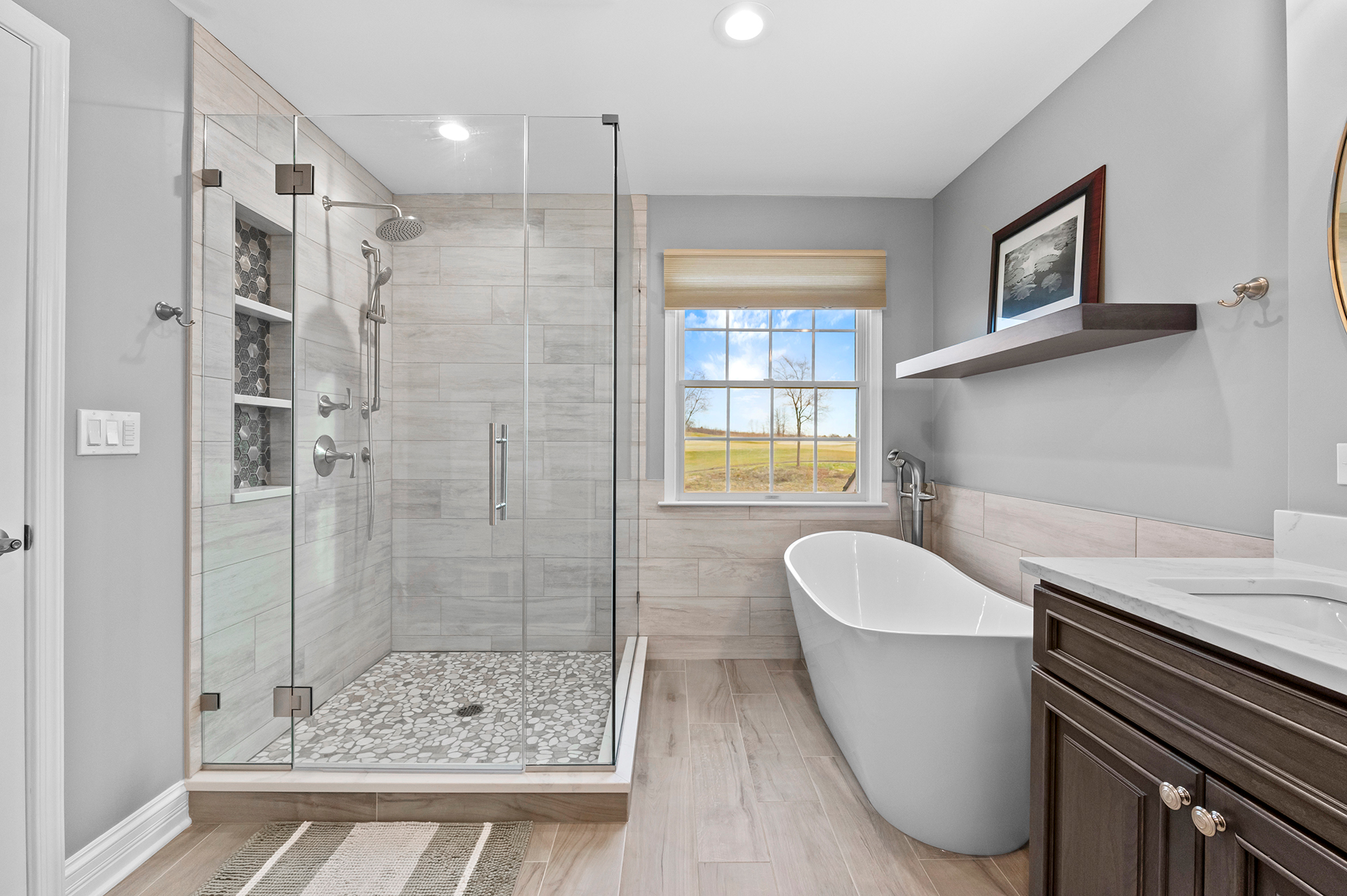 Large Shower with Mosaic and Stone Tile 