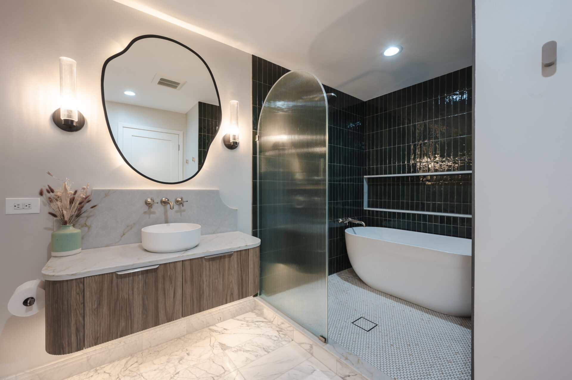 Vanity Cabinet, Custom Shower Base and Freestanding Bathtub