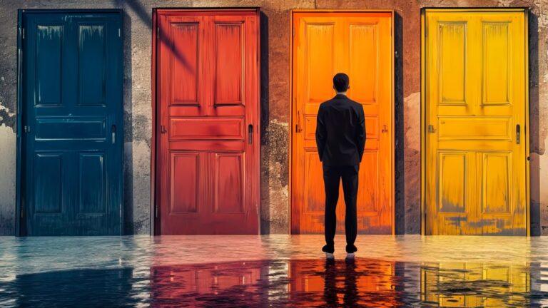 businessman in front of multiple doors of diverse colors as symbol for different opportunities. Generative ai