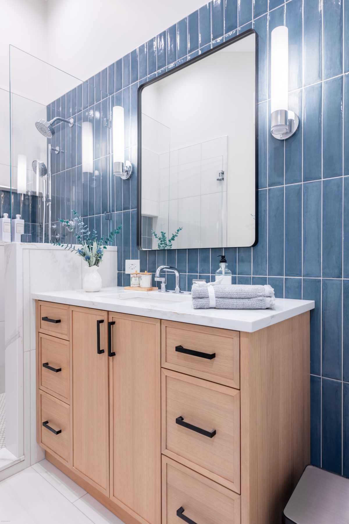blue bathroom tiling installation