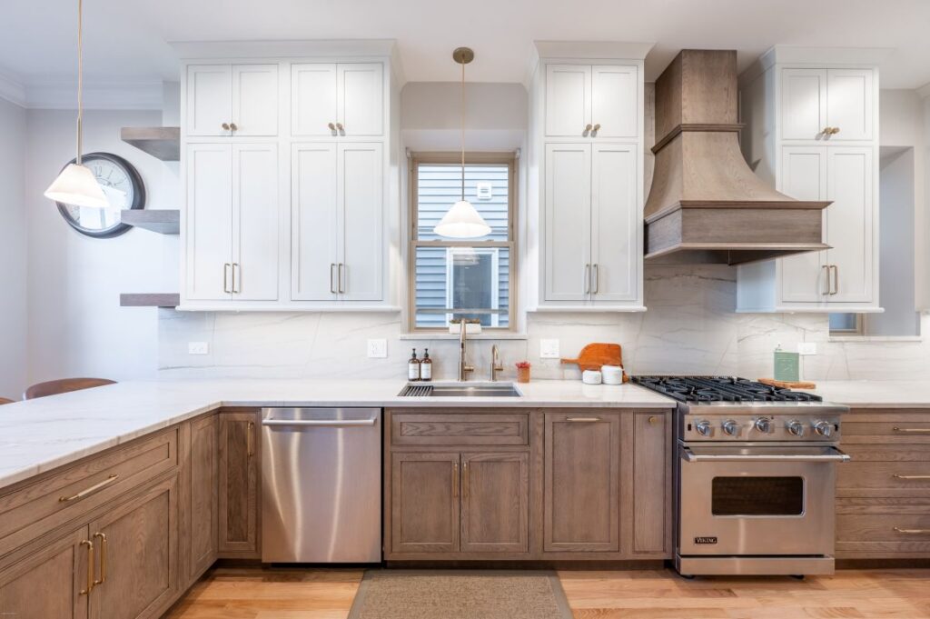 Kitchen with white and wooden cabinets