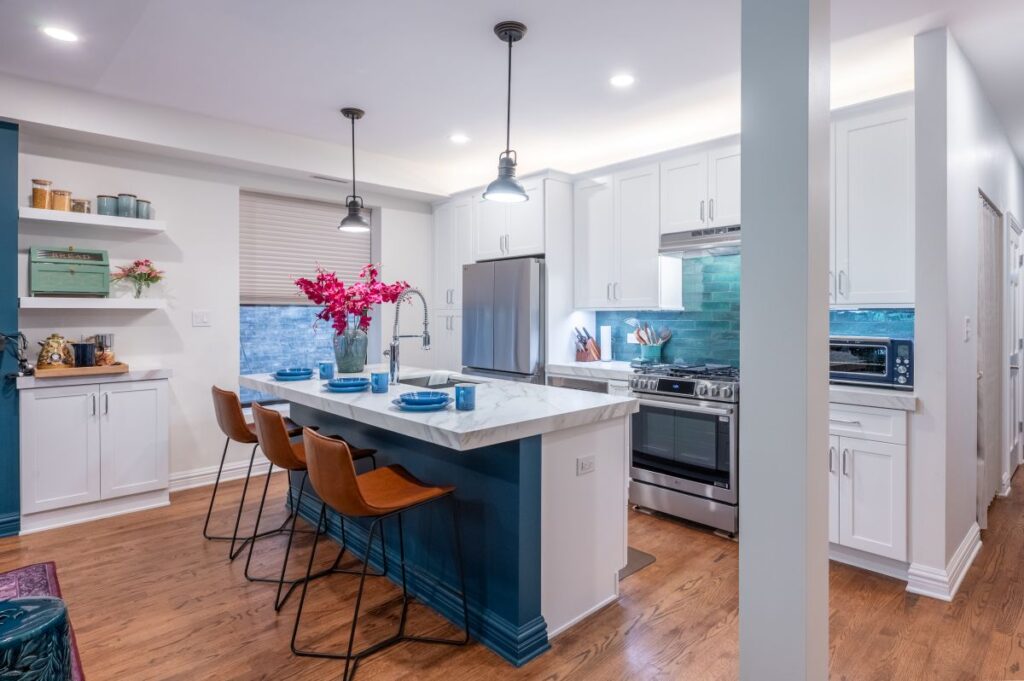 White kitchen with turquoise accents