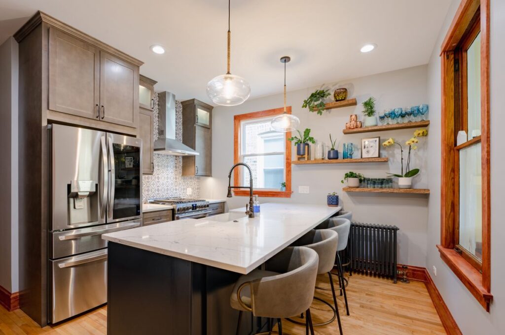 A new kitchen, plants on shelves on the wall