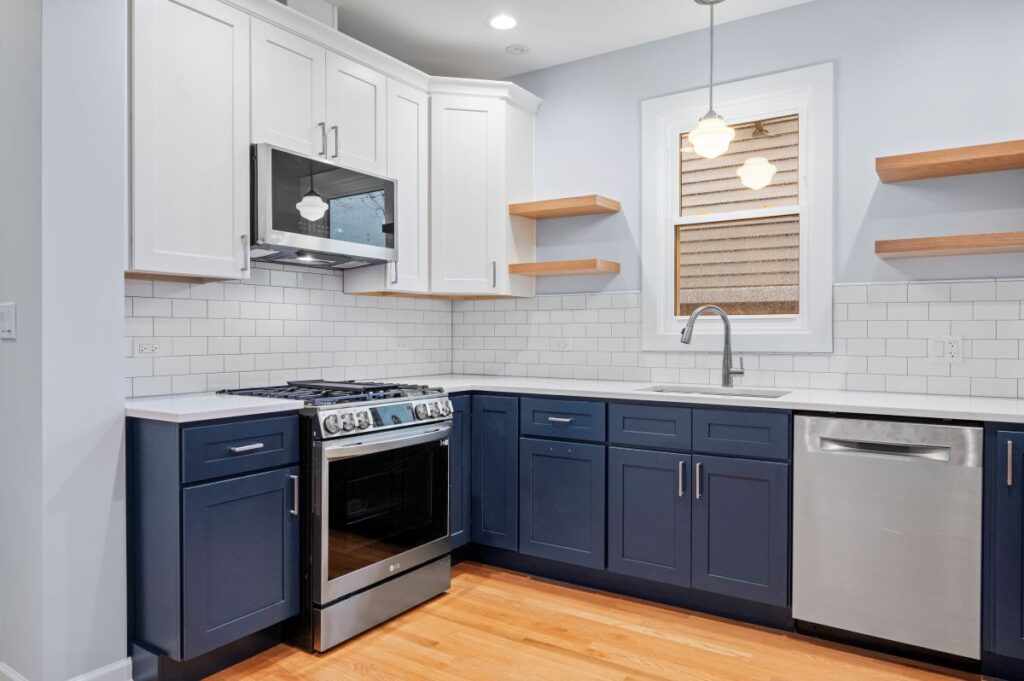 A kitchen with blue and white cabinets