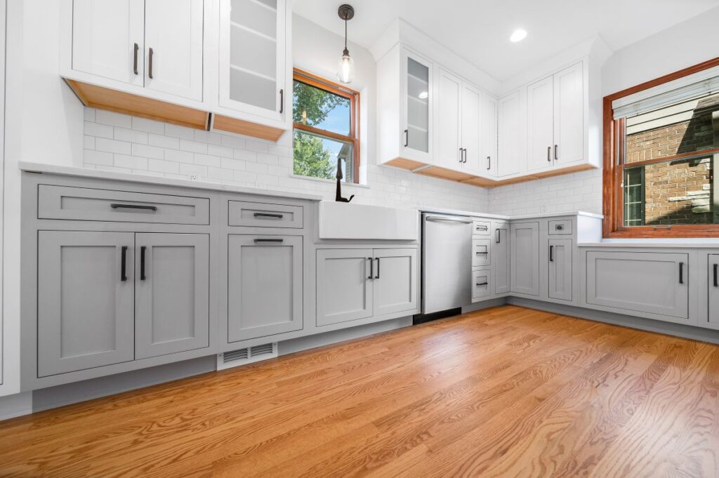 Light grey cabinets in a newly remodeled kitchen