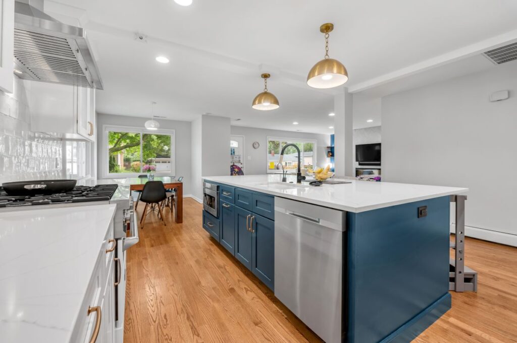 Kitchen with a blue kitchen island