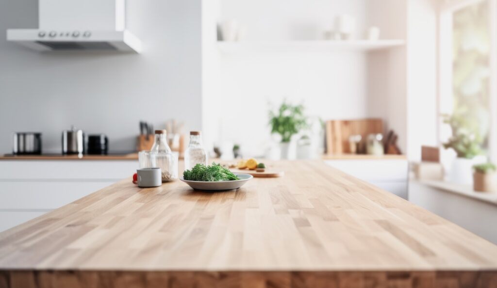 Wooden light empty table top in a modern white kitchen, kitchen panel in the interior.