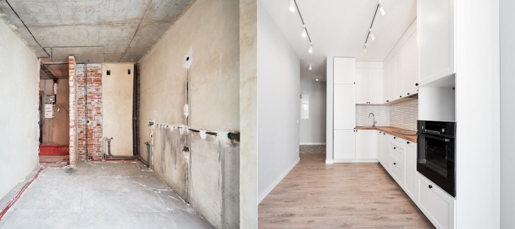 Photo collage of old apartment and new renovated room with parquet floor, kitchen counter, stove and white kitchen furniture. Concept of home renovation, restoration and refurbishment. 