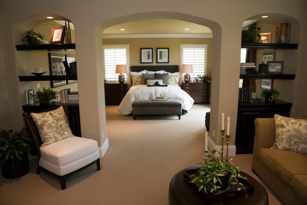 Luxury home bedroom with stylish furniture and decor.