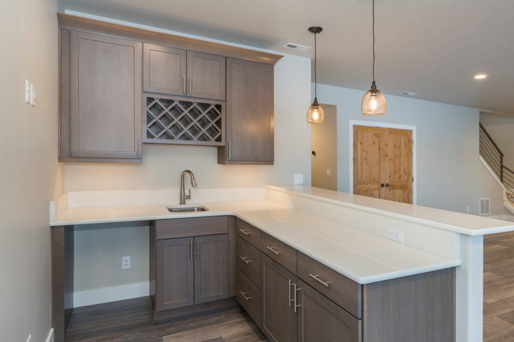 wet bar ideas for basement white countertop and grey cabinets