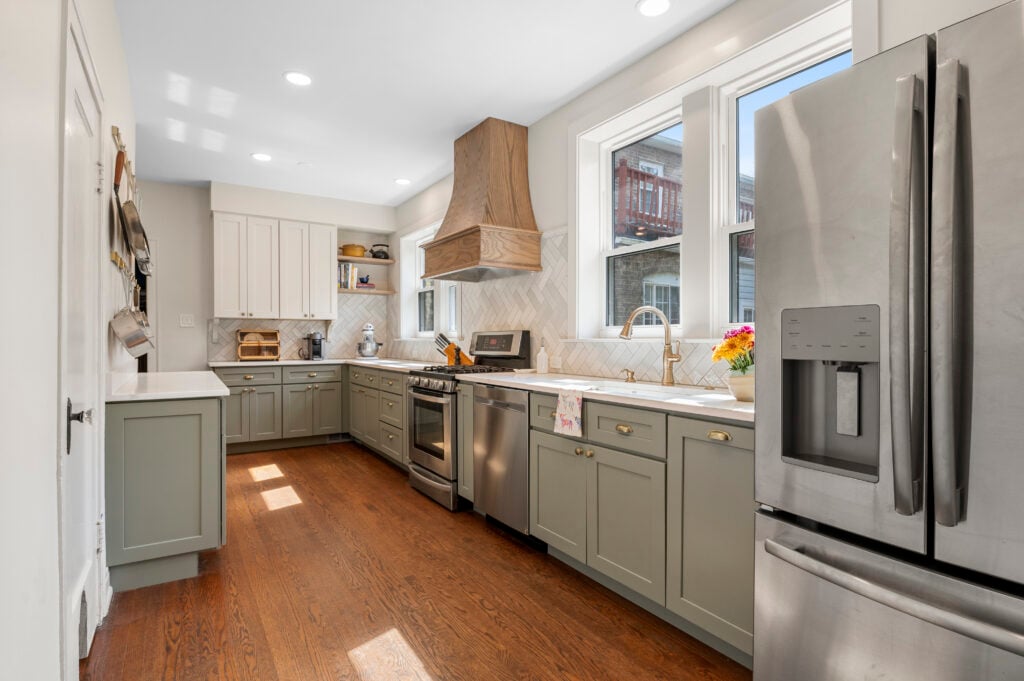 galley kitchen layout green cabinets big kitchen