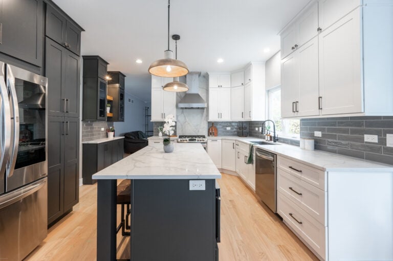 island with dark blue cabinets