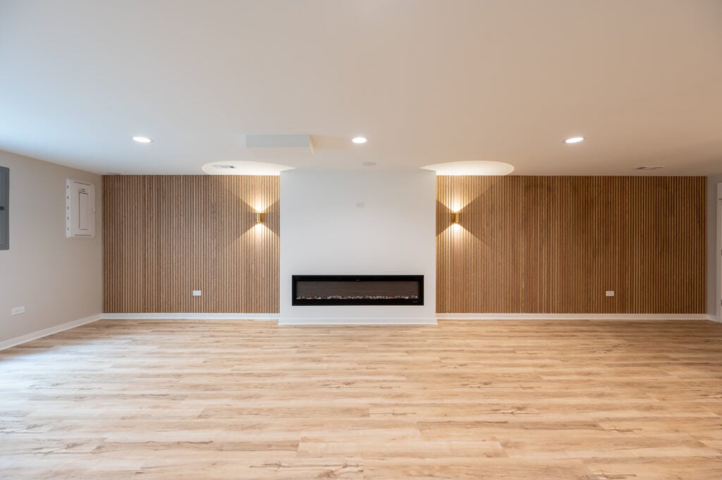 beautiful open space wood wall and fireplace