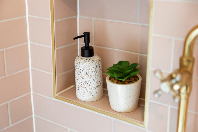 pink wall closeup small plant and soap